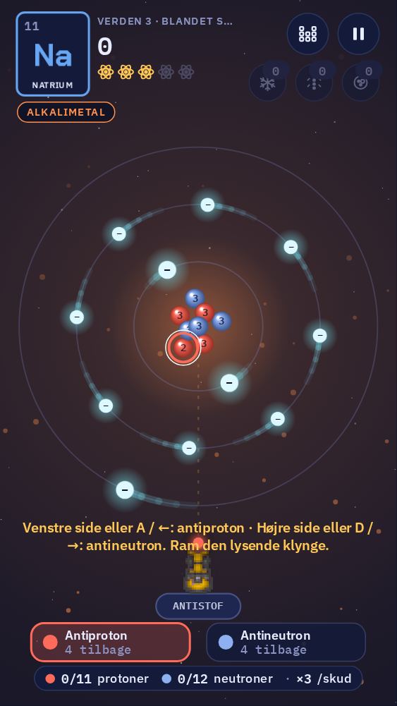 Et natriumatom. Nederst er der to knapper: antiproton til venstre og antineutron til højre. Den klynge i kernen, der vender mod kanonen, lyser.