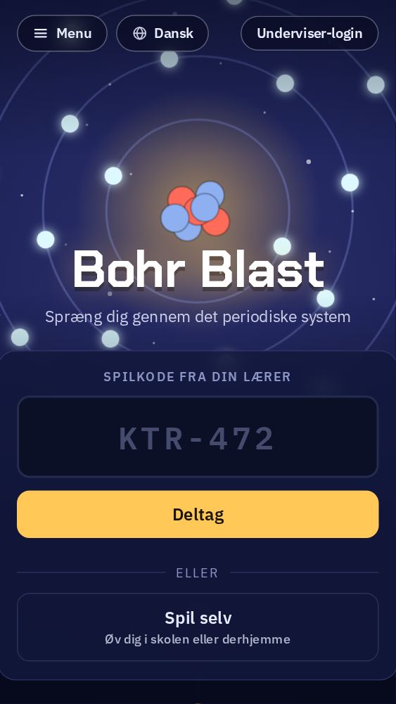 Forsiden med et felt til spilkoden fra læreren og en Deltag-knap.
