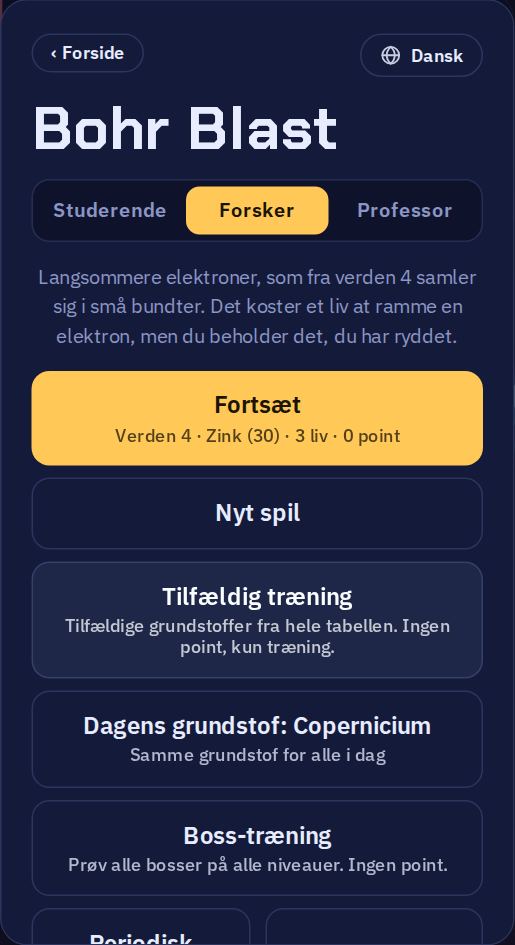 Spillets menu: de tre sværhedsgrader øverst, derefter Fortsæt, Nyt spil, Tilfældig træning, Dagens grundstof og Boss-træning.