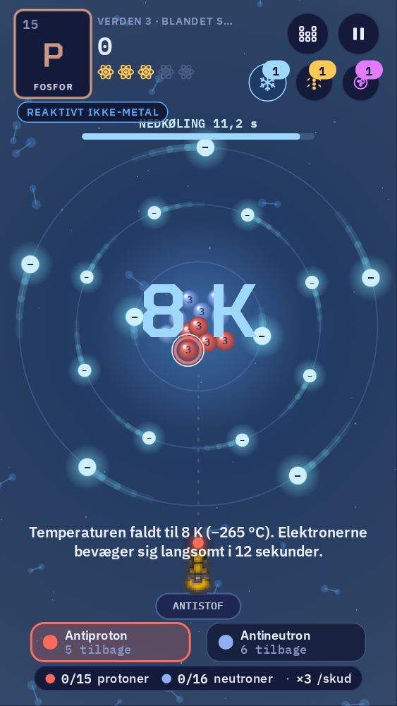 En elektronkøler i brug: Skærmen viser 8 K, og elektronerne bevæger sig langsomt. De tre knapper til ekstra kræfter sidder øverst til højre, hver med et tal.