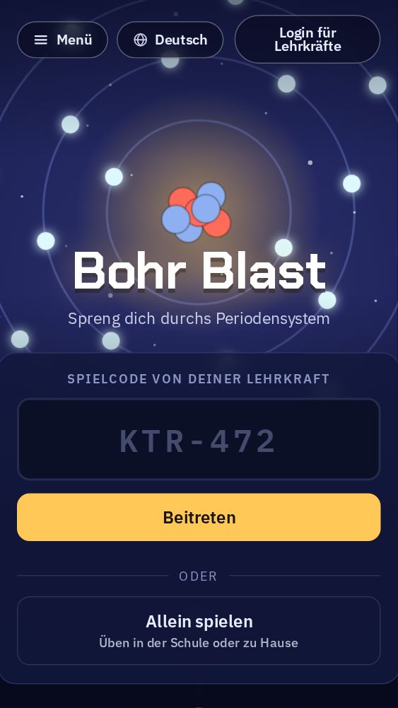 Die Startseite mit einem Feld für den Spielcode von der Lehrkraft und dem Knopf „Beitreten“.