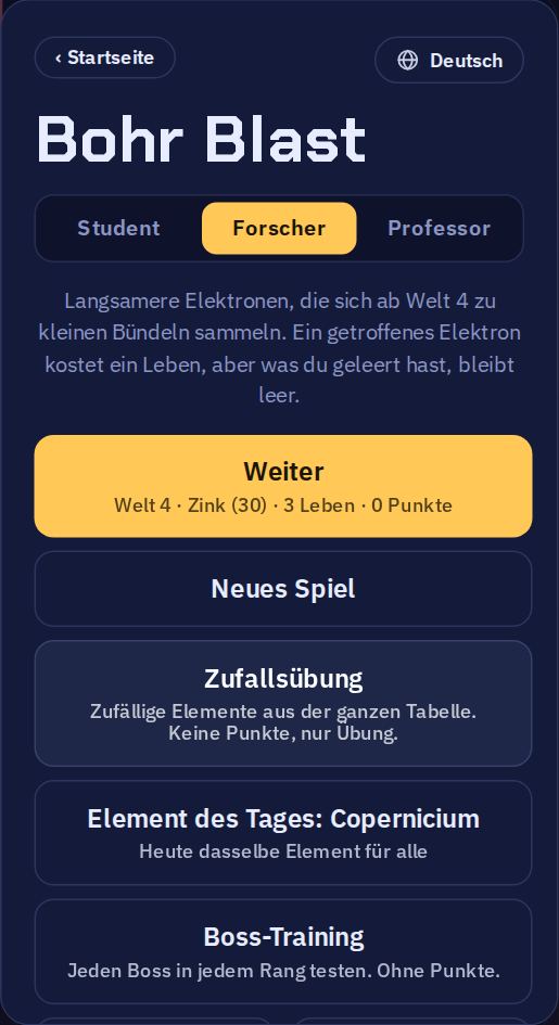 Das Spielmenü: oben die drei Schwierigkeitsstufen, darunter Weiter, Neues Spiel, Zufallsübung, Element des Tages und Boss-Training.