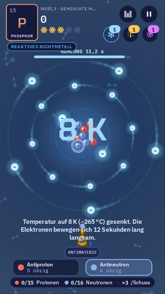 Ein Elektronenkühler im Einsatz: Der Bildschirm zeigt 8 K, und die Elektronen bewegen sich langsam. Die drei Power-up-Knöpfe sind oben rechts, jeder mit einer Zahl.