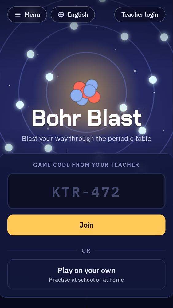 The front page with a field for the game code from the teacher and a Join button.