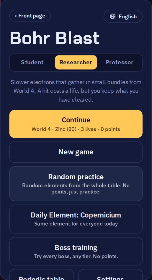 The game menu: the three difficulty levels at the top, then Continue, New game, Random practice, Daily Element and Boss training.