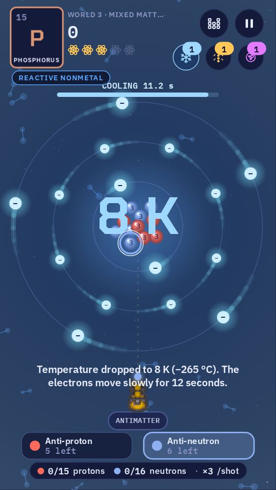 An electron cooler in use: the screen shows 8 K and the electrons move slowly. The three power-up buttons are in the top right corner, each with a number.