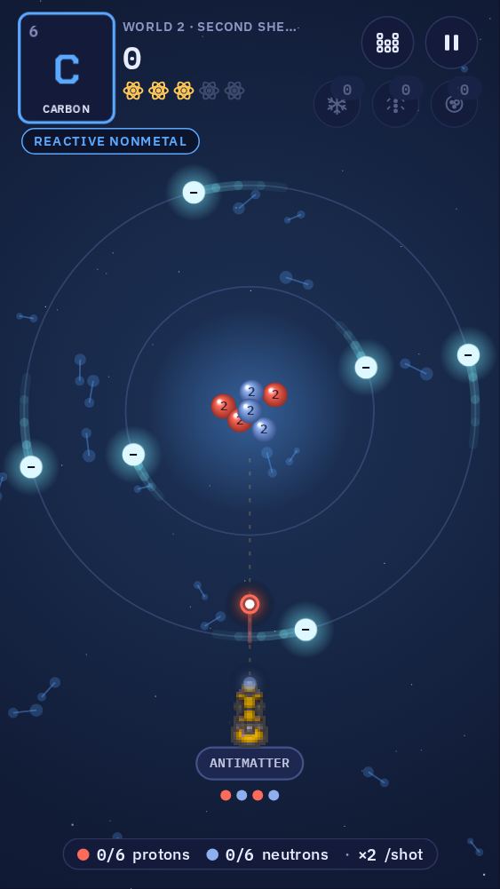 The game: a carbon atom with its nucleus in the middle and electrons circling in two shells. A shot from the launcher at the bottom is passing through a gap between the electrons.