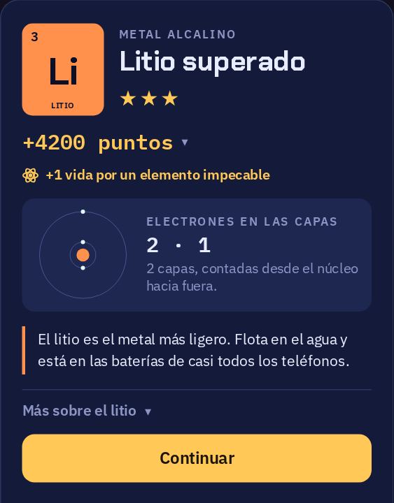La tarjeta que aparece al superar el litio: tres estrellas, los puntos, un dibujo del átomo con 2 y 1 electrones en sus capas, y un dato sobre el litio.