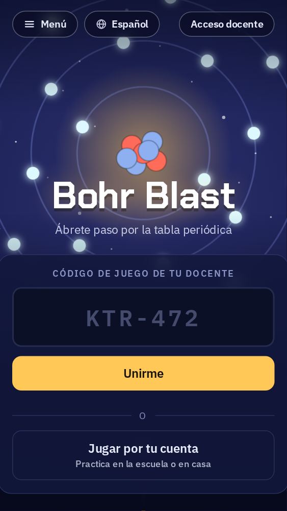 La página de inicio, con un campo para el código de juego de tu docente y un botón Unirme.