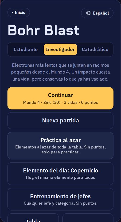 El menú del juego: arriba, los tres niveles de dificultad; después, Continuar, Nueva partida, Práctica al azar, Elemento del día y Entrenamiento de jefes.
