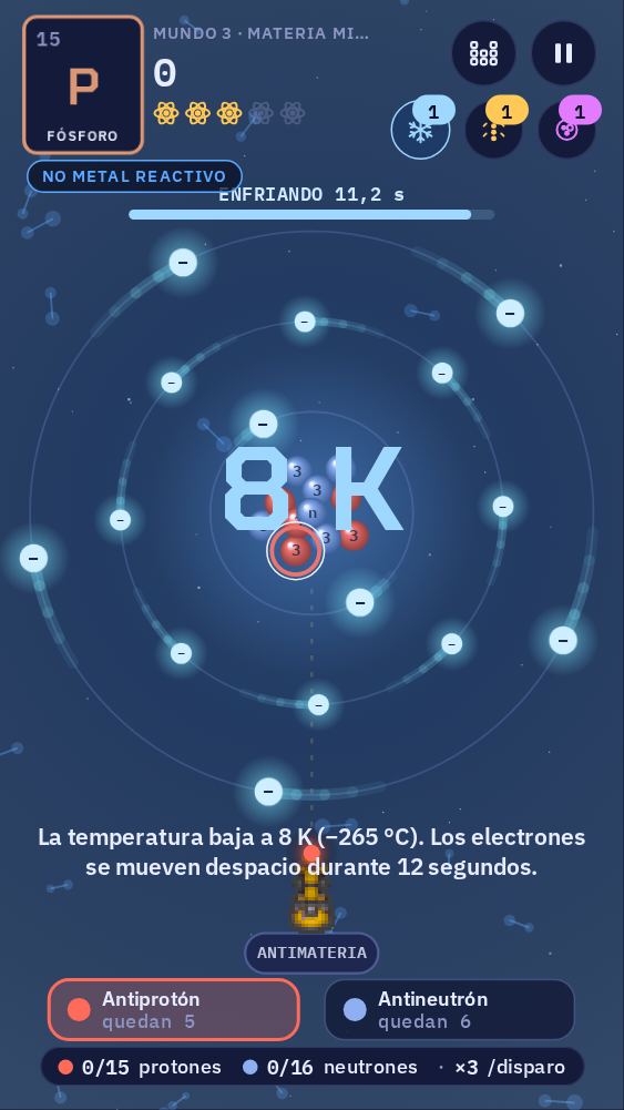 Un enfriador de electrones en uso: la pantalla muestra 8 K y los electrones se mueven despacio. Los tres botones de los potenciadores están arriba a la derecha, cada uno con un número.
