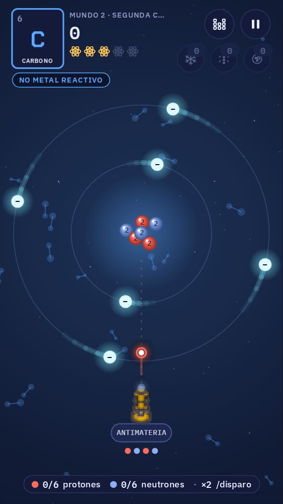 El juego: un átomo de carbono con el núcleo en el centro y electrones que giran en dos capas. Un disparo del lanzador, abajo, pasa por un hueco entre los electrones.