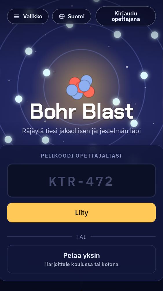 Etusivu, jossa on ruutu opettajalta saadulle pelikoodille ja Liity-painike.