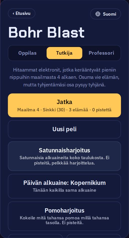 Pelivalikko: ylhäällä kolme vaikeustasoa, sitten Jatka, Uusi peli, Satunnaisharjoitus, Päivän alkuaine ja Pomoharjoitus.