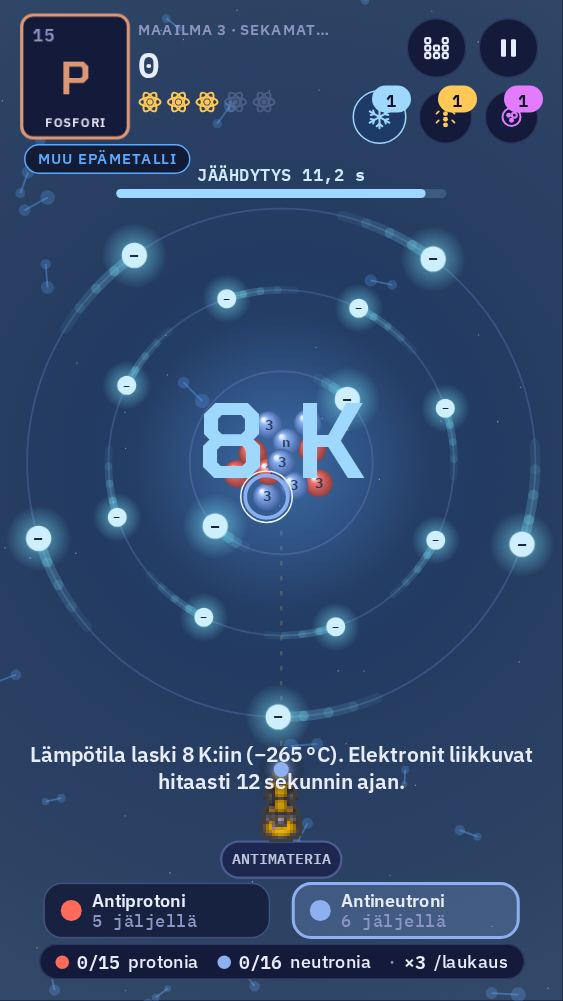Elektronijäähdytin käytössä: näytössä lukee 8 K, ja elektronit liikkuvat hitaasti. Kolme tehostepainiketta on oikeassa yläkulmassa, ja jokaisessa on luku.