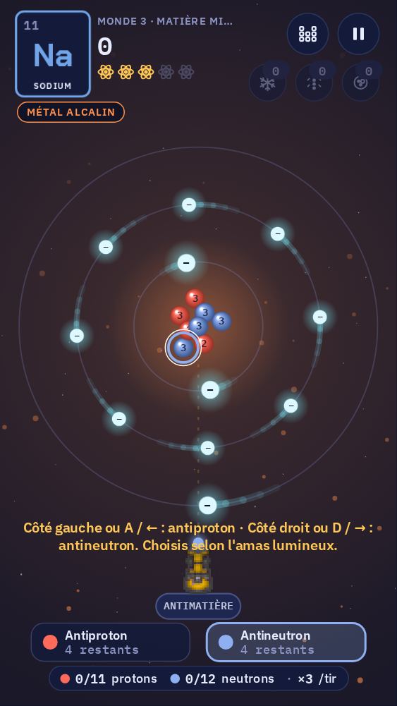 Un atome de sodium. En bas, deux boutons : antiproton à gauche et antineutron à droite. L'amas du noyau tourné vers le lanceur brille.