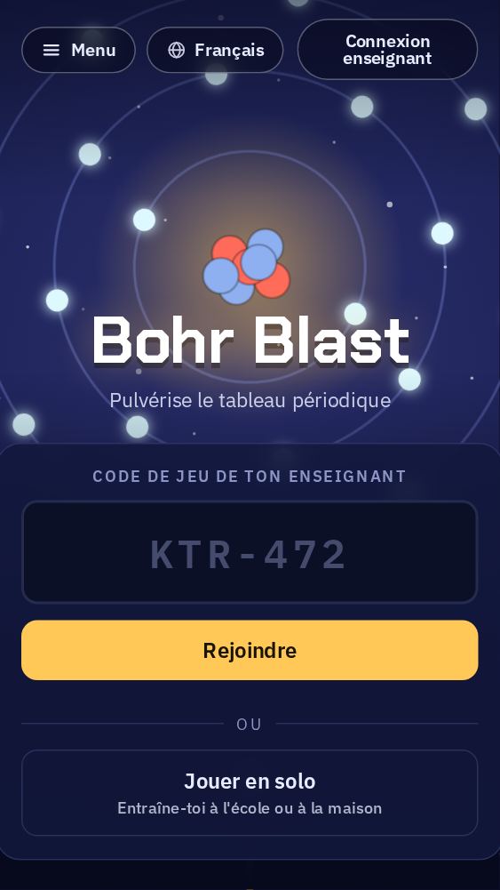 La page d'accueil, avec un champ pour le code de jeu donné par l'enseignant et un bouton Rejoindre.