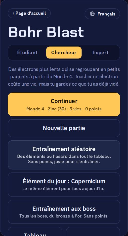 Le menu du jeu : en haut, les trois niveaux de difficulté, puis Continuer, Nouvelle partie, Entraînement aléatoire, Élément du jour et Entraînement aux boss.