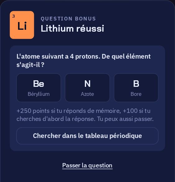Une question du quiz : l'atome suivant a 4 protons, de quel élément s'agit-il ? Trois réponses au choix.