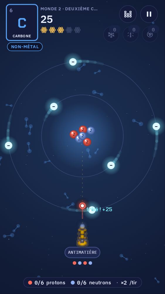 Le jeu : un atome de carbone, avec son noyau au centre et des électrons qui tournent sur deux couches. Un tir parti du lanceur, en bas, passe par un espace entre les électrons.