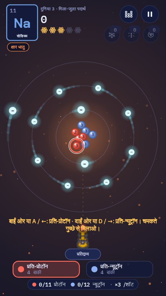 एक सोडियम परमाणु। नीचे दो बटन हैं: बाईं ओर प्रति-प्रोटॉन और दाईं ओर प्रति-न्यूट्रॉन। नाभिक का जो गुच्छा लॉन्चर की ओर है, वह चमक रहा है।