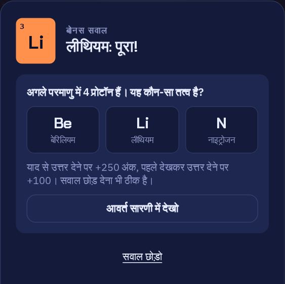 क्विज़ का एक सवाल: अगले परमाणु में 4 प्रोटॉन हैं, यह कौन-सा तत्व है? चुनने के लिए तीन उत्तर।