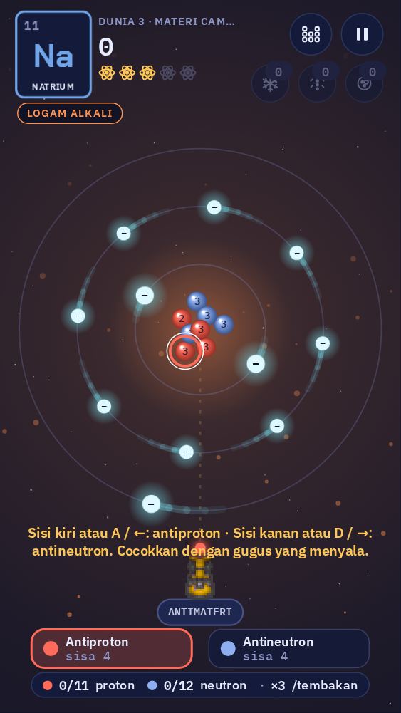 Atom natrium. Di bawah ada dua tombol: antiproton di kiri dan antineutron di kanan. Gugus inti yang menghadap ke peluncur tampak menyala.