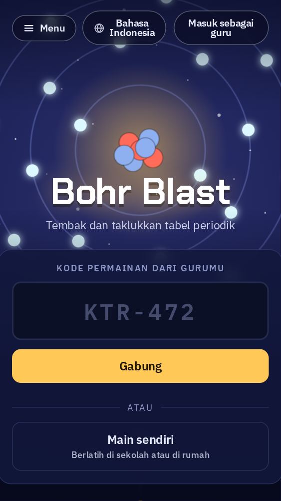 Halaman depan dengan kolom untuk kode permainan dari guru dan tombol Gabung.