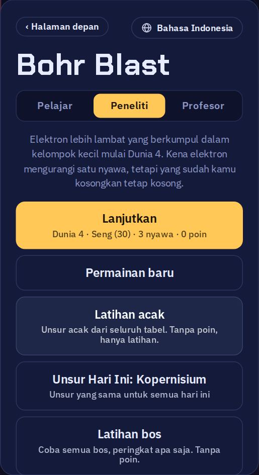 Menu permainan: tiga tingkat kesulitan di atas, lalu Lanjutkan, Permainan baru, Latihan acak, Unsur Hari Ini, dan Latihan bos.