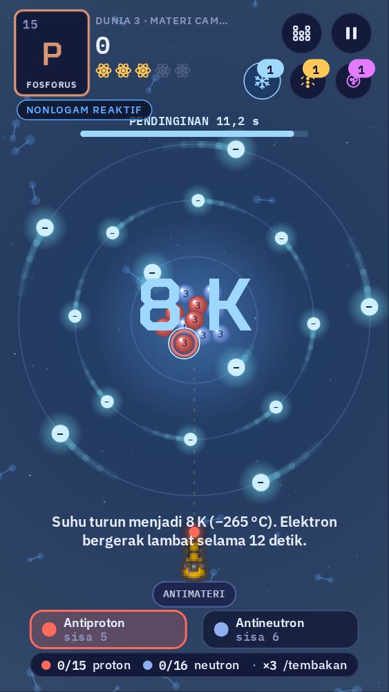 Pendingin elektron sedang dipakai: layar menunjukkan 8 K dan elektron bergerak lambat. Tiga tombol kekuatan ekstra ada di pojok kanan atas, masing-masing dengan angka.
