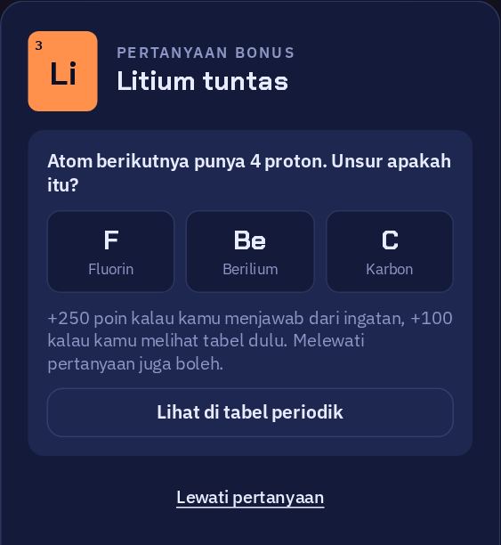 Pertanyaan kuis: atom berikutnya punya 4 proton, unsur apakah itu? Ada tiga pilihan jawaban.