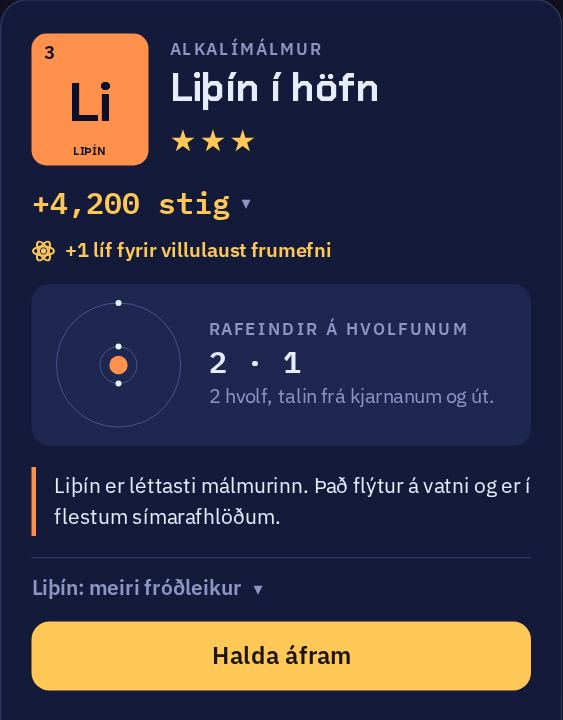 Spjaldið eftir að liþín er klárað: þrjár stjörnur, stigin, teikning af frumeindinni með 2 og 1 rafeind á hvolfunum og fróðleiksmoli um liþín.