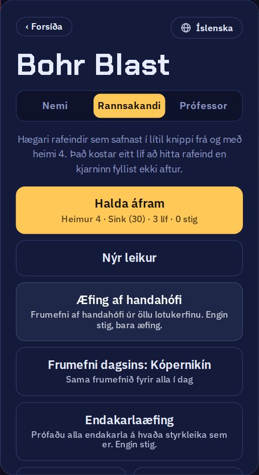 Valmynd leiksins: erfiðleikastigin þrjú efst, síðan Halda áfram, Nýr leikur, Æfing af handahófi, Frumefni dagsins og Endakarlaæfing.