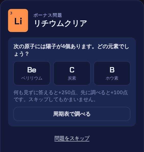 クイズの問題：次の原子には陽子が4個あります。どの元素でしょう？3つの答えから選びます。
