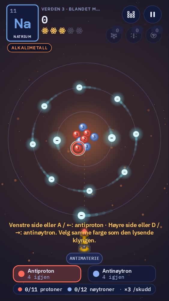 Et natriumatom. Nederst er det to knapper: antiproton til venstre og antinøytron til høyre. Den klyngen i kjernen som vender mot kanonen, lyser.