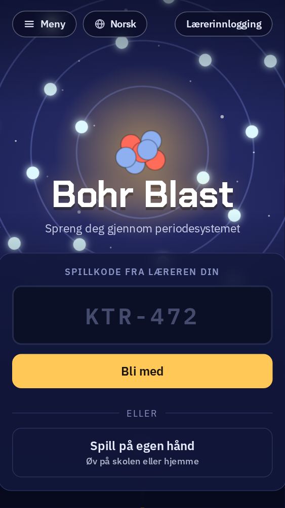 Forsiden med et felt for spillkoden fra læreren og en Bli med-knapp.