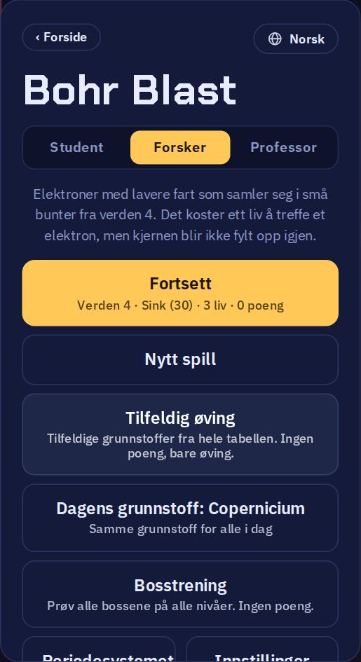 Spillmenyen: de tre vanskelighetsgradene øverst, deretter Fortsett, Nytt spill, Tilfeldig øving, Dagens grunnstoff og Bosstrening.