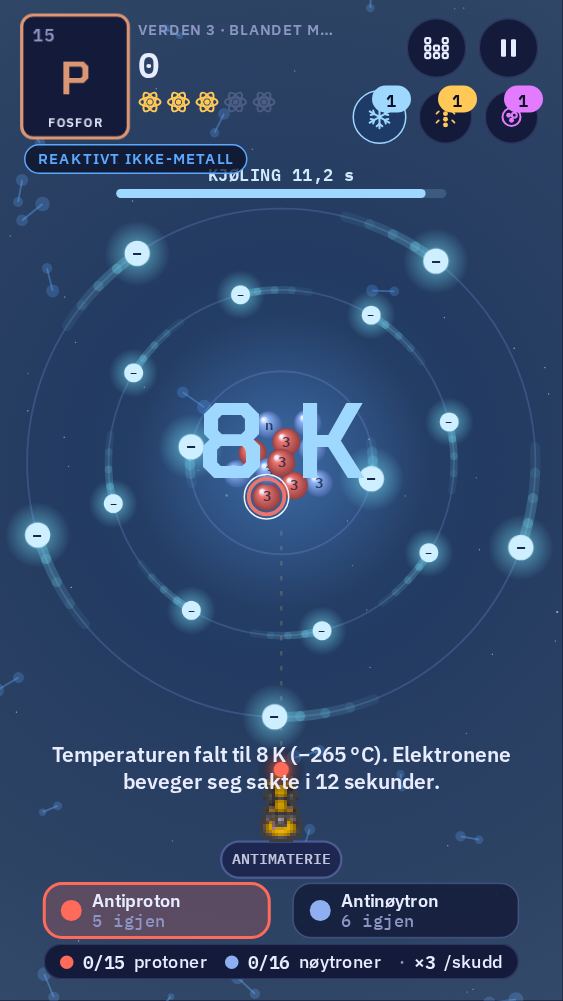 En elektronkjøler i bruk: Skjermen viser 8 K, og elektronene beveger seg sakte. De tre knappene for ekstrakrefter er øverst til høyre, hver med et tall.