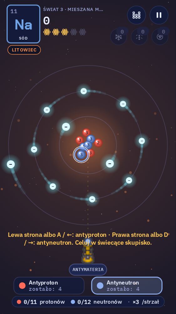 Atom sodu. Na dole są dwa przyciski: antyproton po lewej i antyneutron po prawej. Świeci to skupisko w jądrze, które jest zwrócone w stronę wyrzutni.