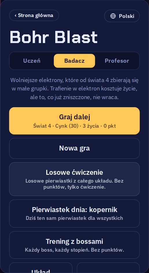 Menu gry: u góry trzy poziomy trudności, niżej Graj dalej, Nowa gra, Losowe ćwiczenie, Pierwiastek dnia i Trening z bossami.