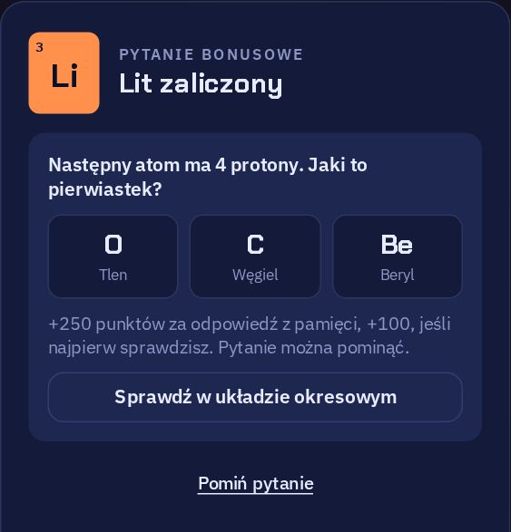 Pytanie quizowe: następny atom ma 4 protony, jaki to pierwiastek? Trzy odpowiedzi do wyboru.