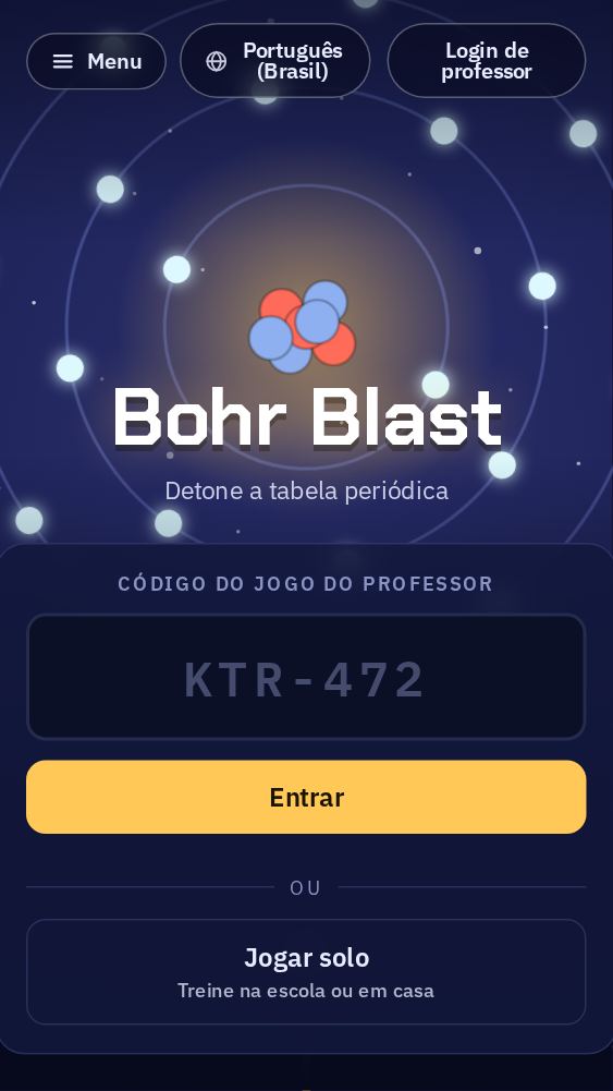 A página inicial, com um campo para o código do jogo dado pelo professor e um botão Entrar.
