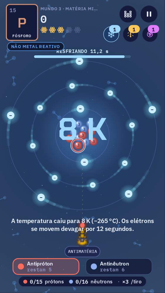 Um resfriador de elétrons em uso: a tela mostra 8 K e os elétrons se movem devagar. Os três botões de poderes ficam no canto superior direito, cada um com um número.