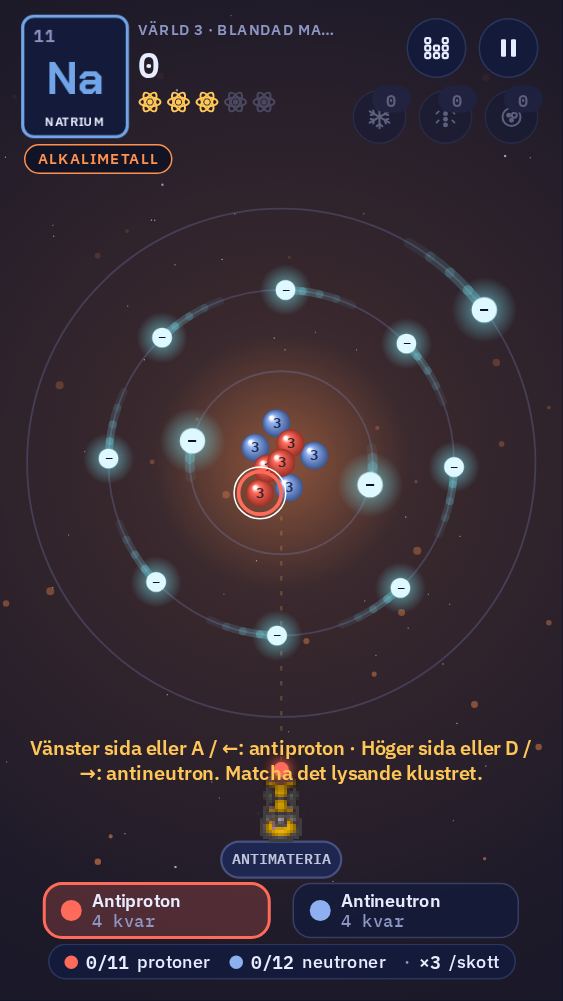 En natriumatom. Längst ner finns två knappar: antiproton till vänster och antineutron till höger. Det kluster i kärnan som är vänt mot kanonen lyser.