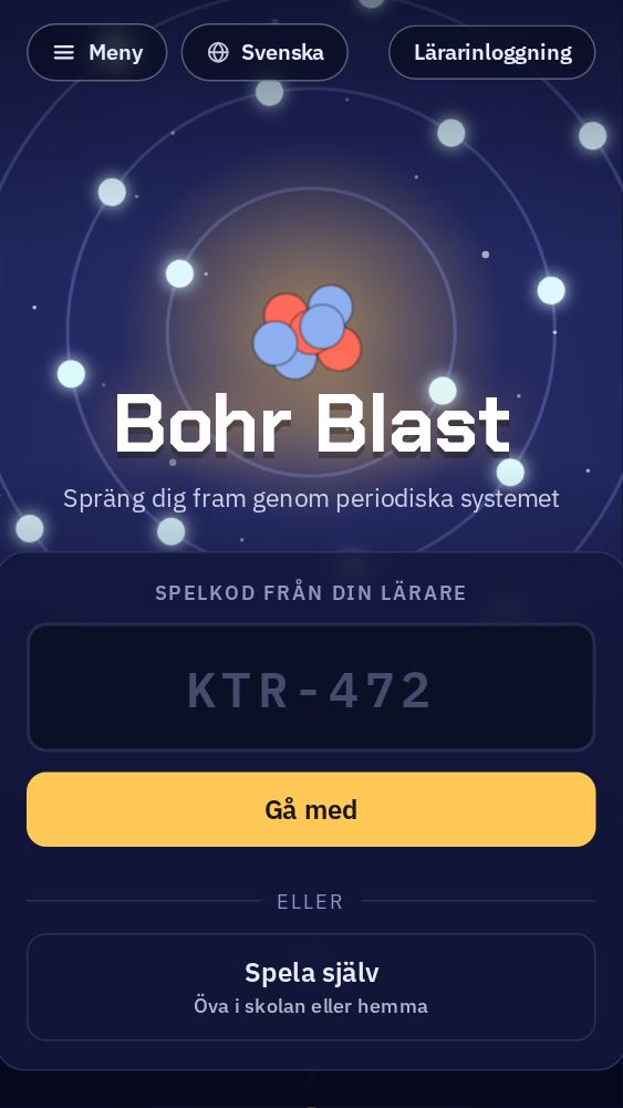 Startsidan med ett fält för spelkoden från läraren och en Gå med-knapp.