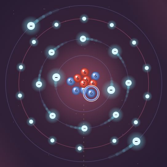 Samma atom som Professor: alla 26 elektroner är ensamma och jämnt fördelade runt skalen.