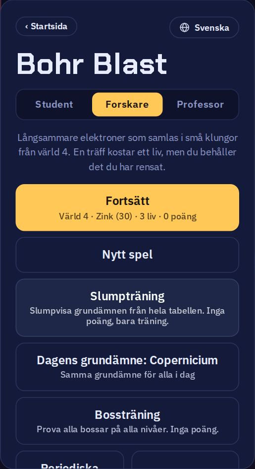 Spelets meny: de tre svårighetsgraderna högst upp, sedan Fortsätt, Nytt spel, Slumpträning, Dagens grundämne och Bossträning.