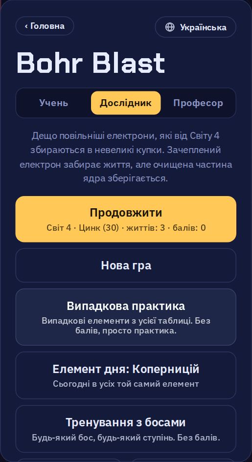 Меню гри: три рівні складності вгорі, далі — «Продовжити», «Нова гра», «Випадкова практика», «Елемент дня» і «Тренування з босами».