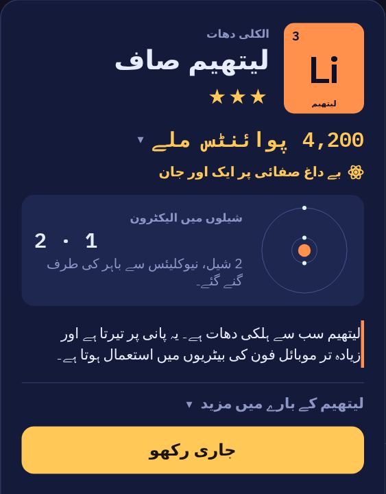 لیتھیم صاف ہونے کے بعد کا کارڈ: تین ستارے، پوائنٹس، ایٹم کی تصویر جس کے شیلوں میں 2 اور 1 الیکٹرون ہیں، اور لیتھیم کے بارے میں ایک حقیقت۔