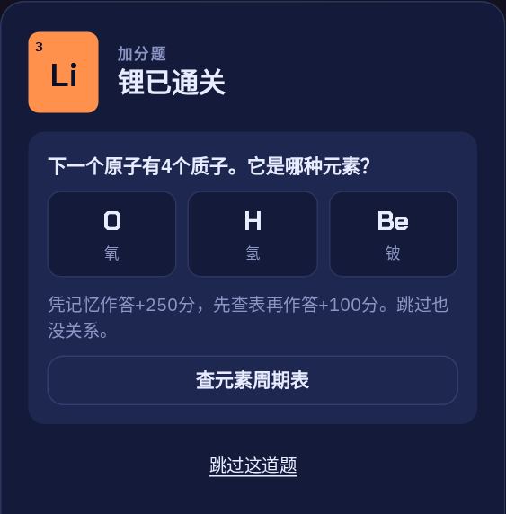 一道测验题：下一个原子有4个质子，它是哪种元素？有三个选项可选。